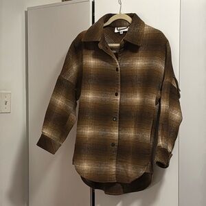 BB Dakota by Steve Madden Brown Plaid Shacket with Fringe